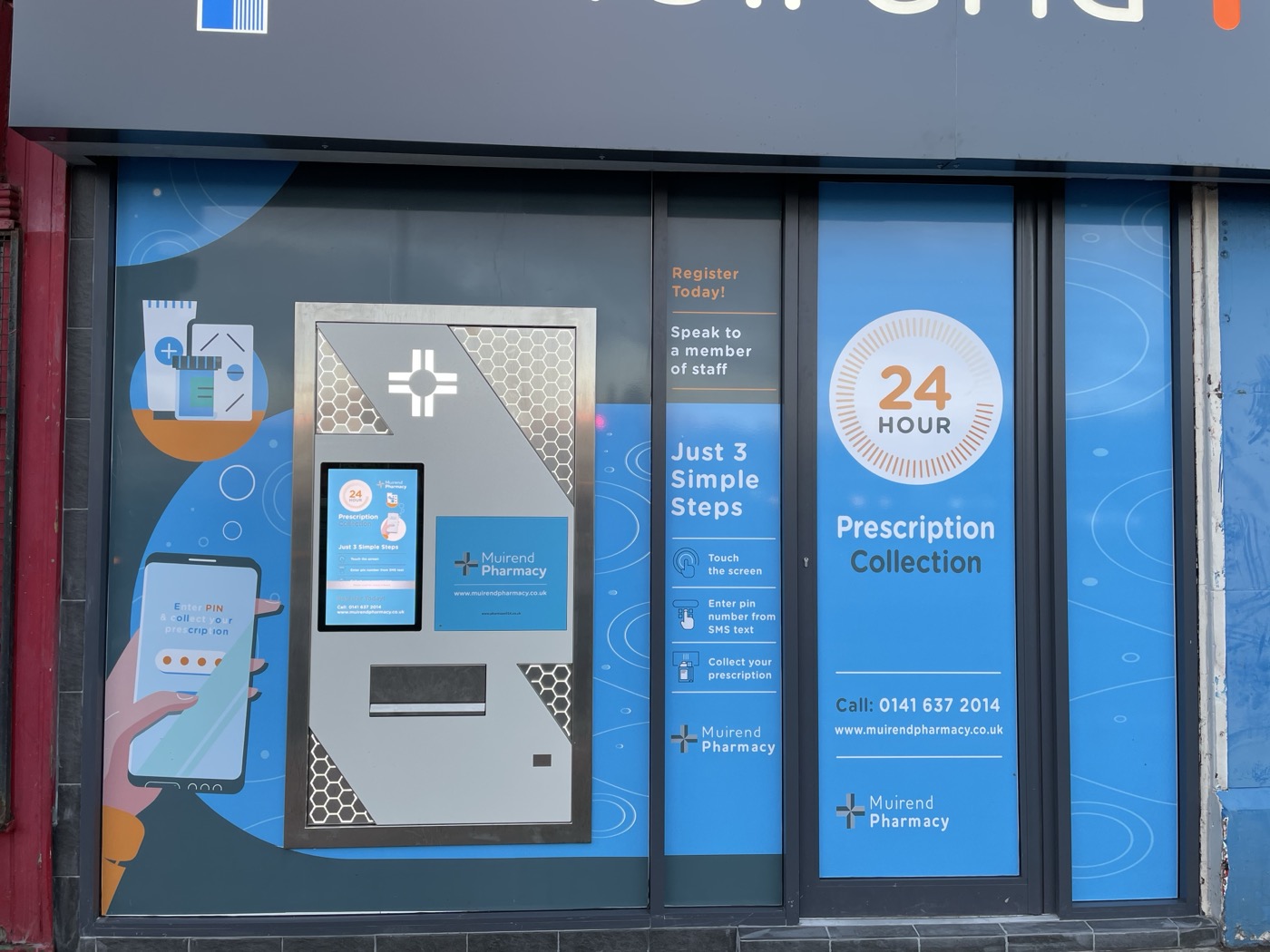 Pharmaself24 automated prescription collection machine at Muirend Pharmacy